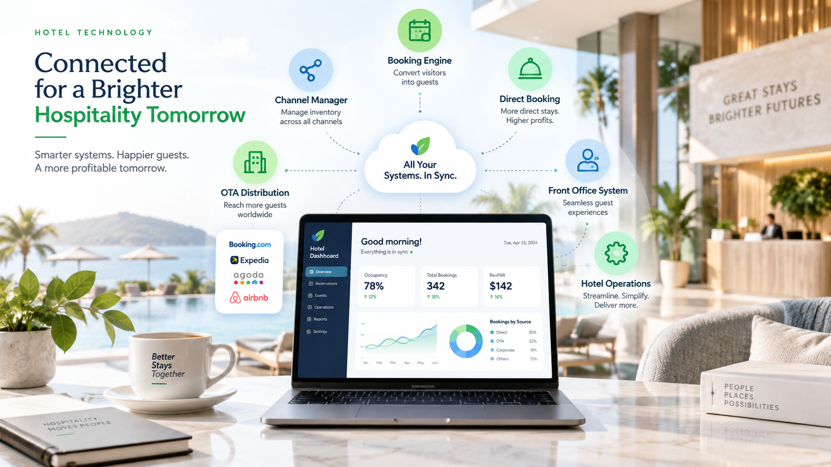 Connected hotel technology showing Channel Manager, Booking Engine, OTA Distribution and Front Office System