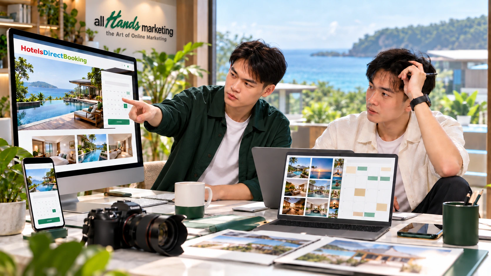 AHM team planning a hotel website and direct booking experience on desktop screens